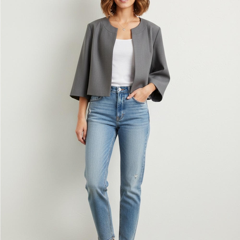 Calvin Klein Charcoal Grey Cropped Blazer Cape Sleeve Open Front Jacket Sz 6